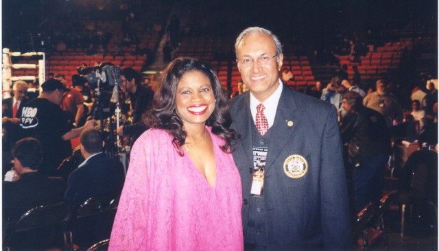 Jackie Smith & Dr. Calvin Inalsingh, Chairman of WBA Medical Advisory Comm at Ringside Ruiz-Jones Las Vegas.jpg